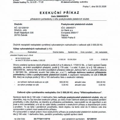 CÚ Středočeský kraj I exekuce 3500 kč 9.3.2026