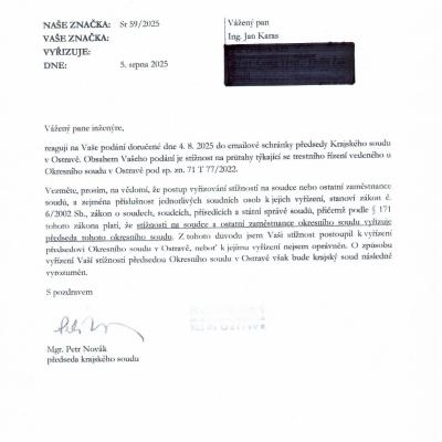 KS Ostrava odpověď Mgr. Petra Nováka ing. Janu Karasovi 5.8.2025