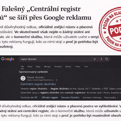 POZOR: Podezření na podvod a zneužití názvu „Centrální registr dlužníků“ v Google reklamě